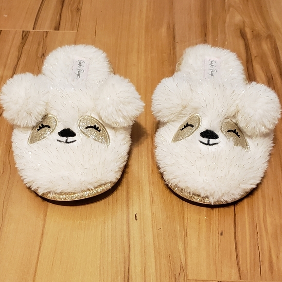 CHARLIE PAIGE SLIPPERS SIZE S COLOR BEIGE W/ GOLD BEAR FACE AND POM POM EARS - Picture 4 of 9